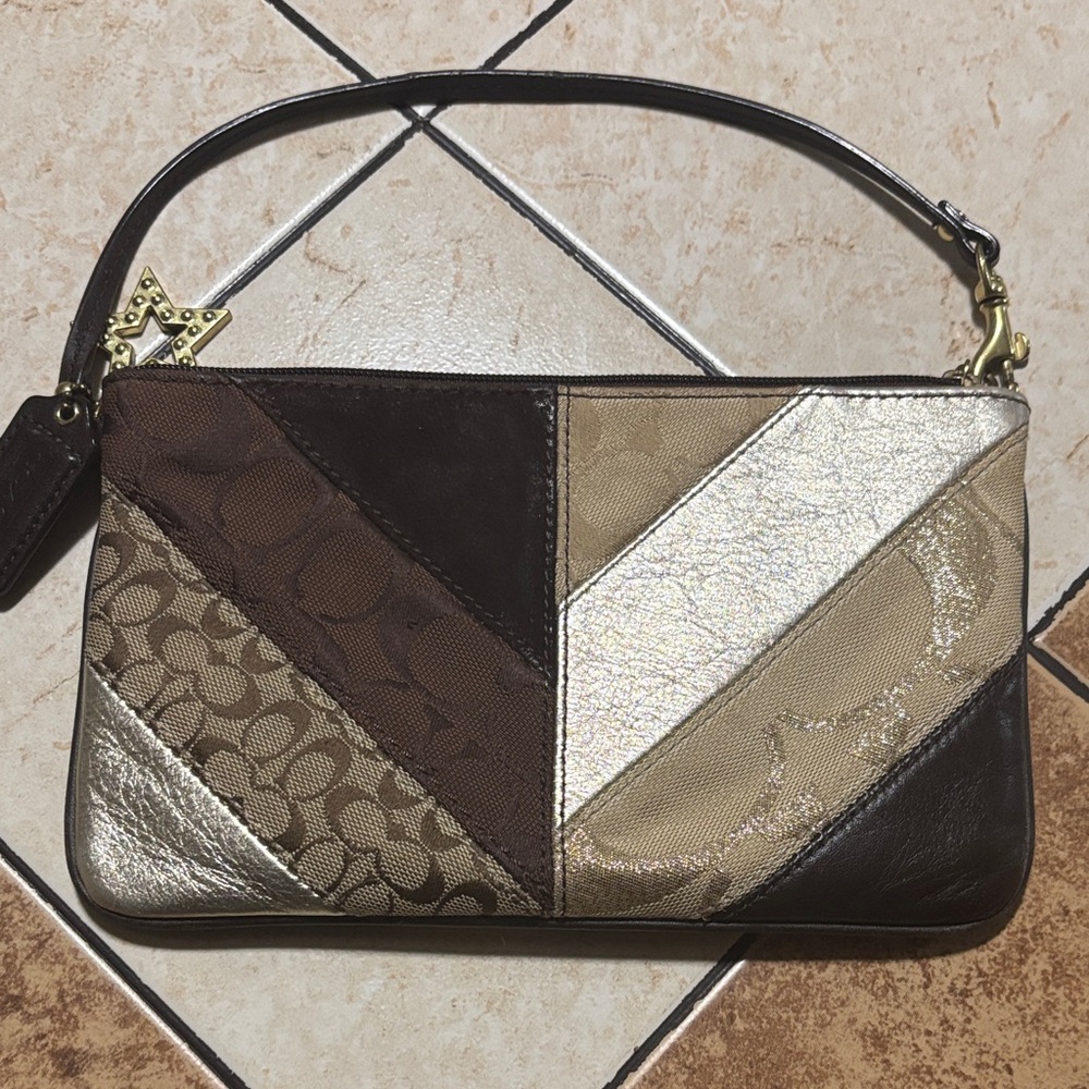 Coach Patchwork Clutch - Brown, Gold, and Silver & Tan
